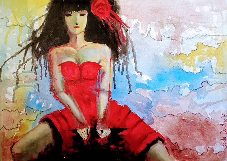 Mujer de vestido rojo. Mixta sobre tela. 50x70