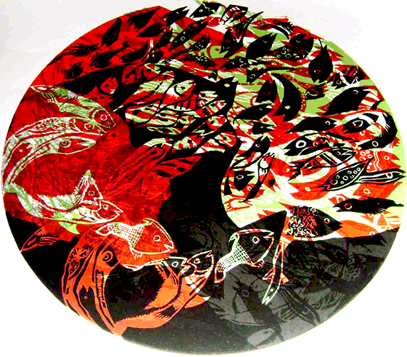 Piscis en rojo (3), xilografía en 3 tacos color, papel artesanal, medidas 0.60cm. enmarcado, año 2013.