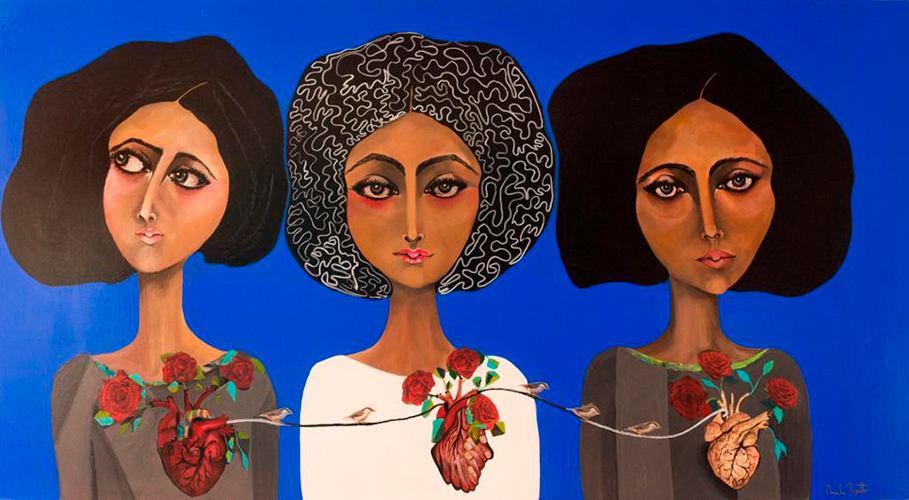 Tres mujeres tres corazones. Mixta sobre madera. 183x100	
