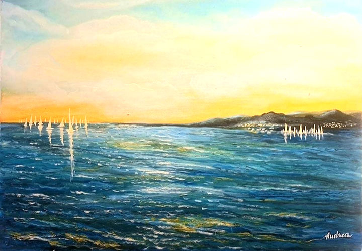 Calma el amanecer en el mar. Óleo sobre lienzo, 50x70 cm	