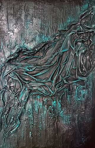 Dark Desire. Escultura textil sobre madera. Técnica mixta (tela, acrílico, pasta de textura) 30 x 45 cm