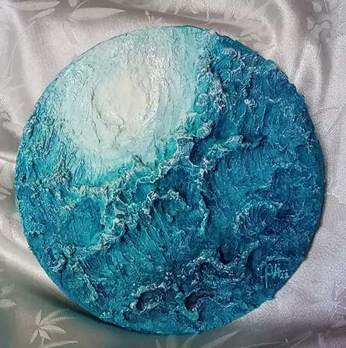 In the Deep Coral blue. Pasta de textura sobre madera. Acrílico.  Pequeño formato. (24 cm de diámetro)