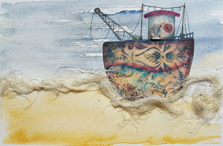 Técnica mixta sobre papel: acuarela, collage digital,  policromos y líneas de pesca recuperadas en la playa.	